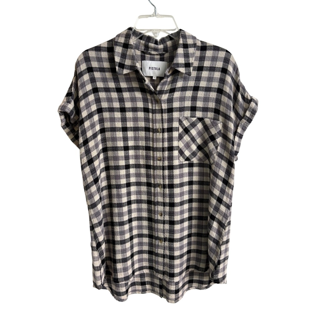 Pistola Womens Plaid Button Down Shirt Black Grey Short Sleeve Button Back L